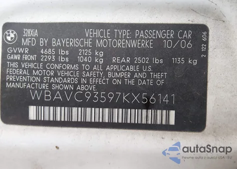 2007 BMW 328Xi z USA, uszkodzony, nr VIN WBAVC93597KX56141